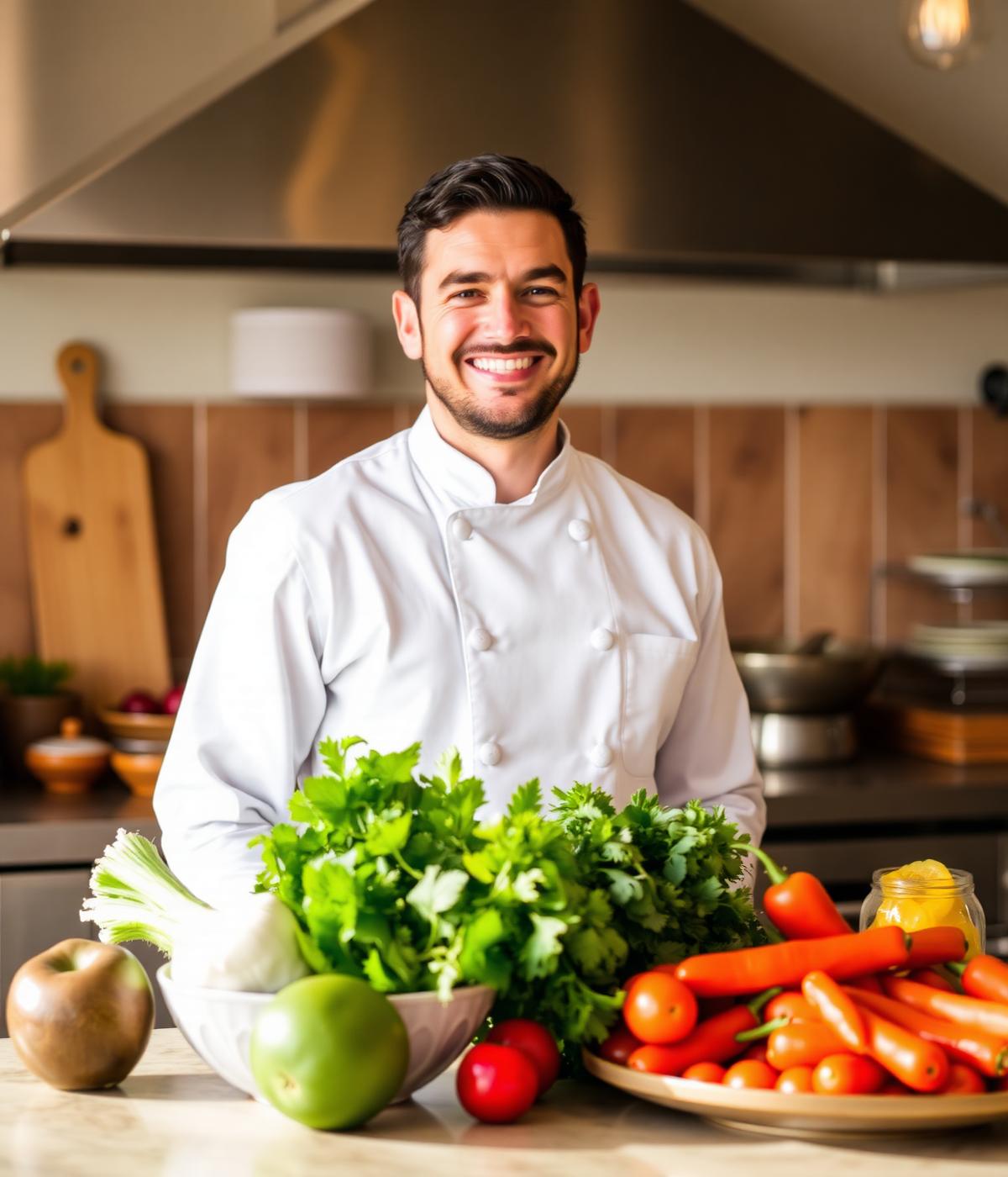Chef surrounded by fresh produce and herbs